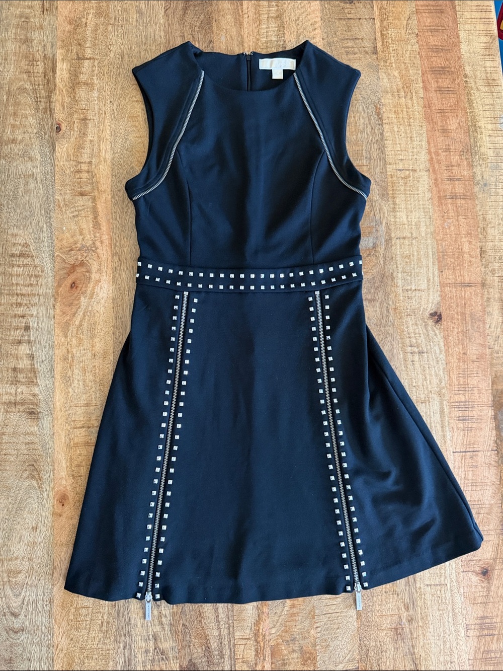 Michael Kors Black Sleeveless Fit-and-Flare Dress with Stud Trim